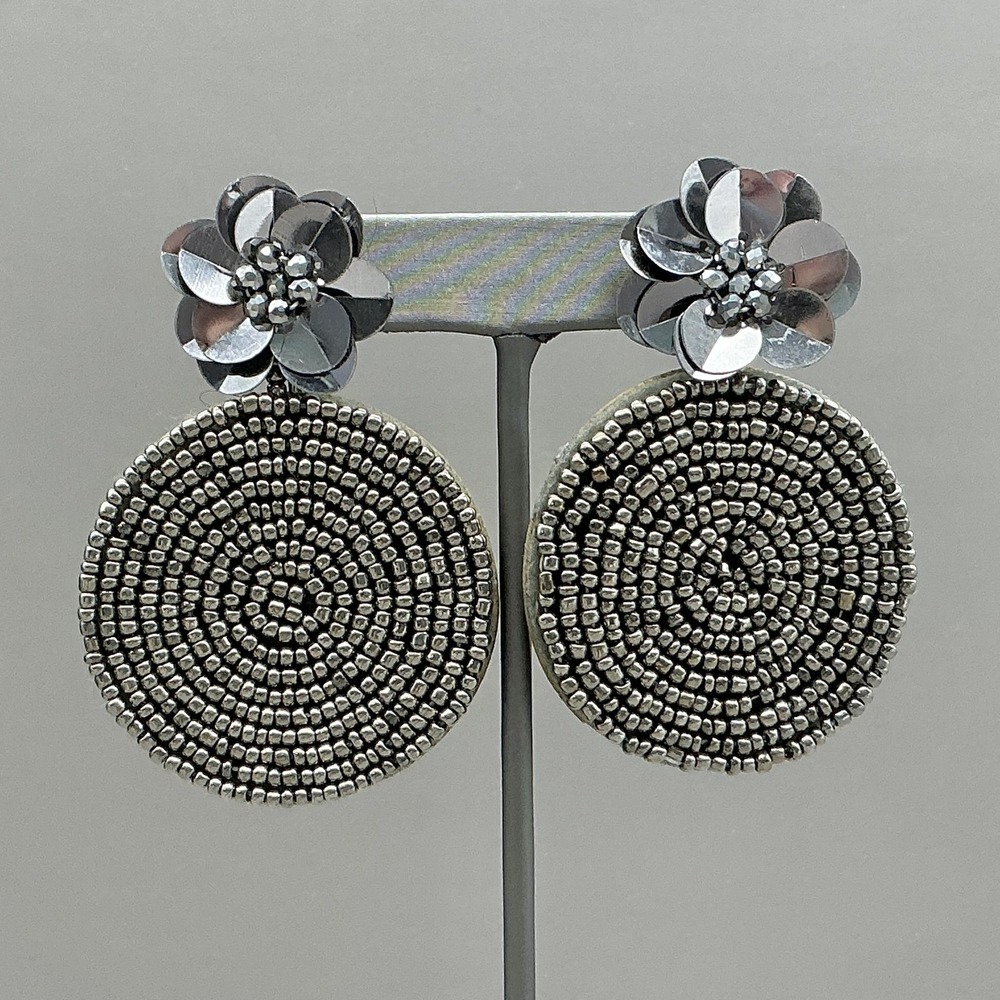 Earrings Silver Tone Beaded Disc Flower Dangle Drop‎ Women Statement Jewelry 3"